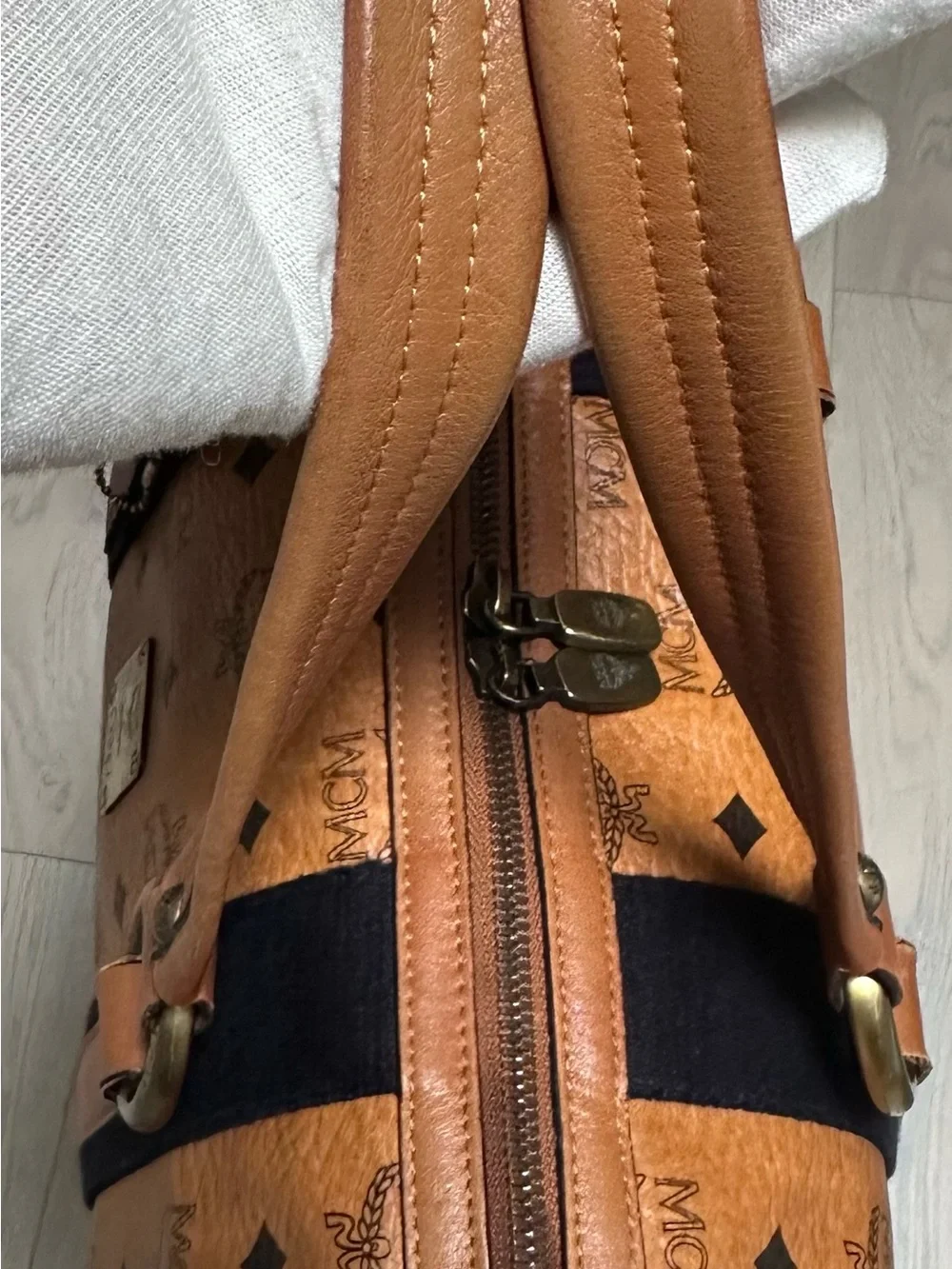 MCM Cognac Visetos Logo Boston Satchel with Black Trim & Charm